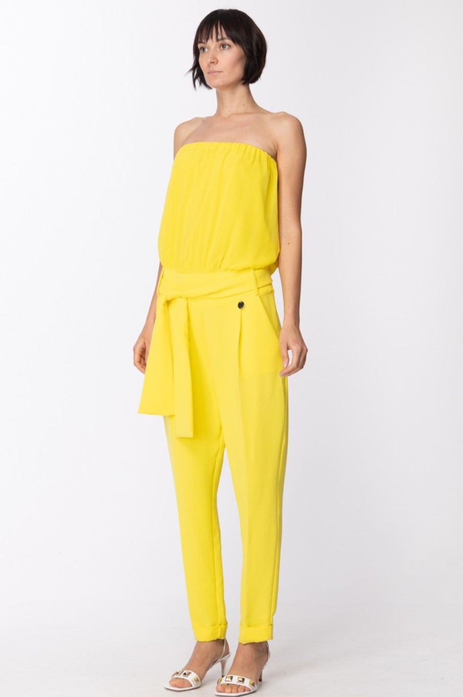 Mangano Tuta Lunga Off-Shoulder Con Fusciacca Giallo Sun Clearance