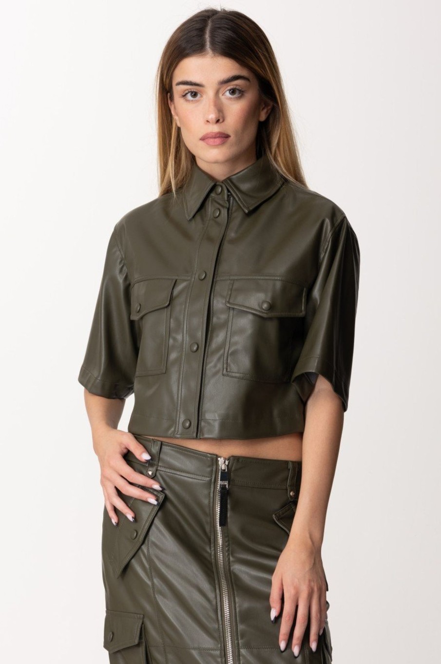 Marco Bologna Camicia Cropped In Pelle Military Hot