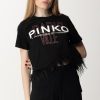 Pinko T-Shirt Crop Cities Con Piumette Nero Limousine Best