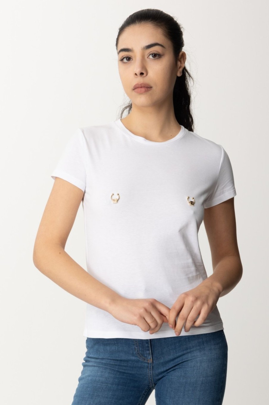 Elisabetta Franchi T-Shirt Con Piercing E Charms Gesso Wholesale