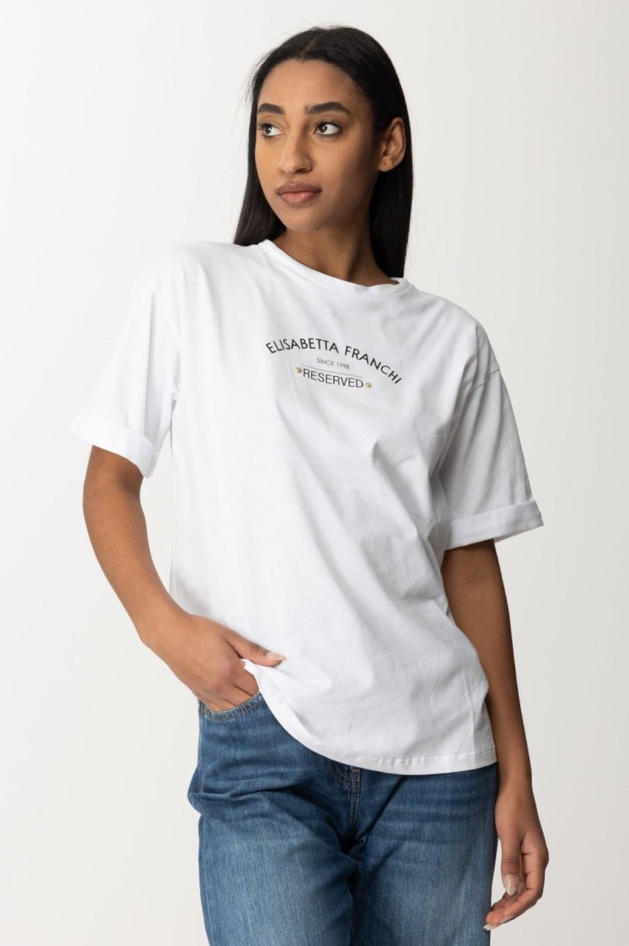 Elisabetta Franchi T-Shirt Con Stampa Reserved Gesso Online