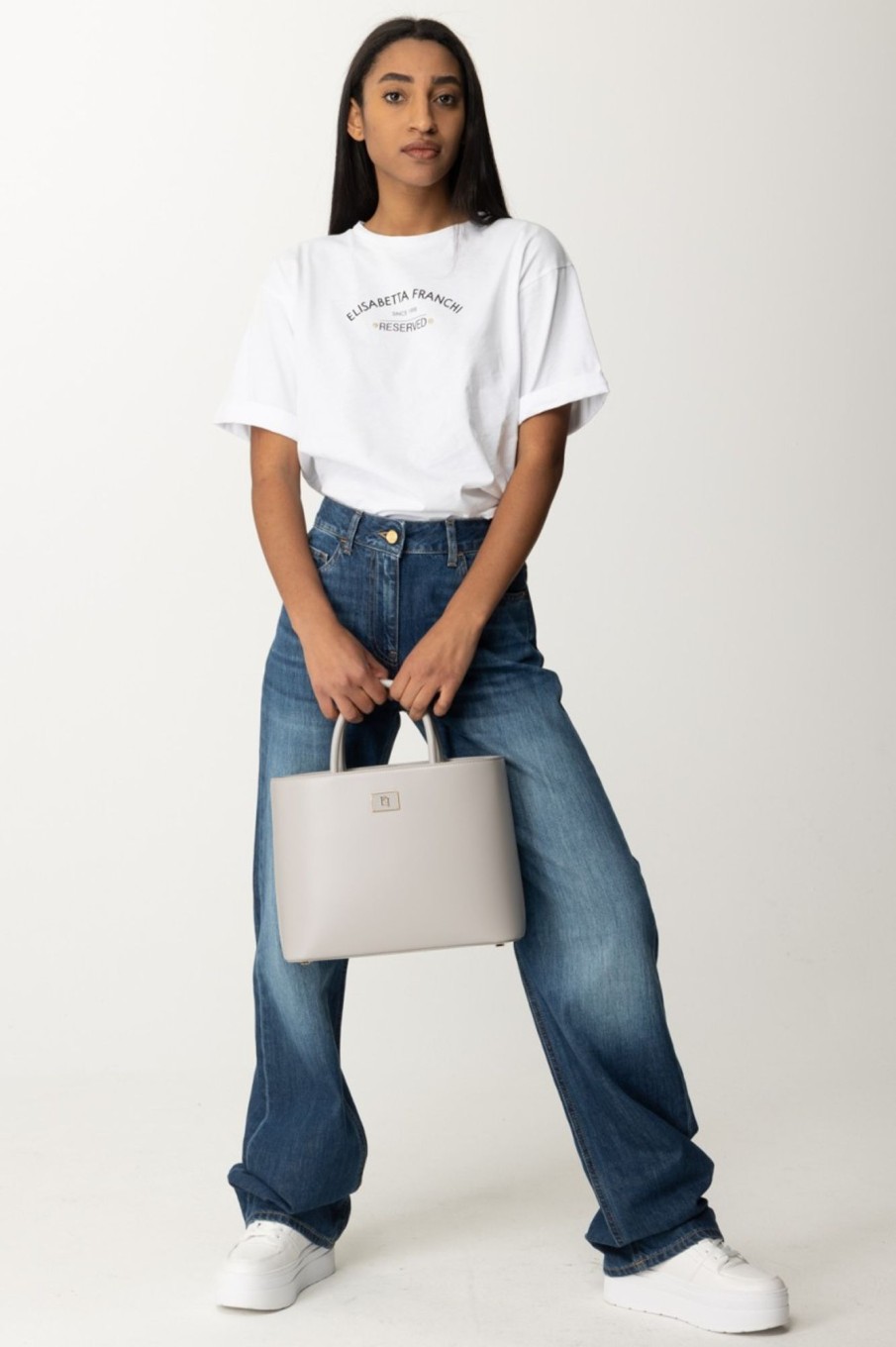 Elisabetta Franchi T-Shirt Con Stampa Reserved Gesso Online