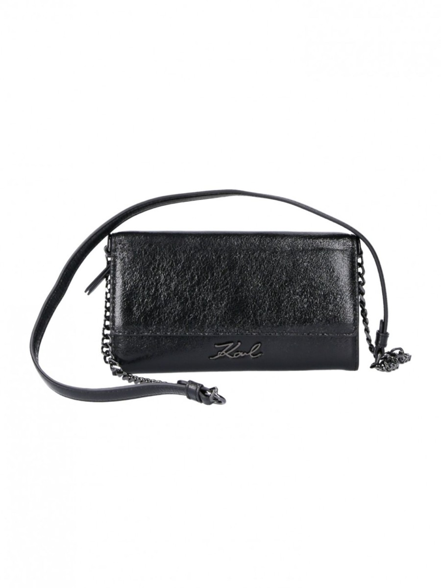 Karl Lagerfeld Tracolla Metallizzata Con Logo Black New