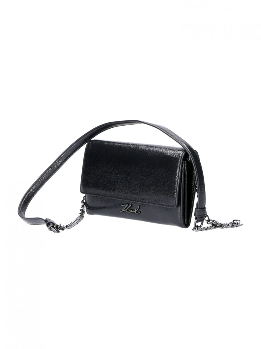 Karl Lagerfeld Tracolla Metallizzata Con Logo Black New