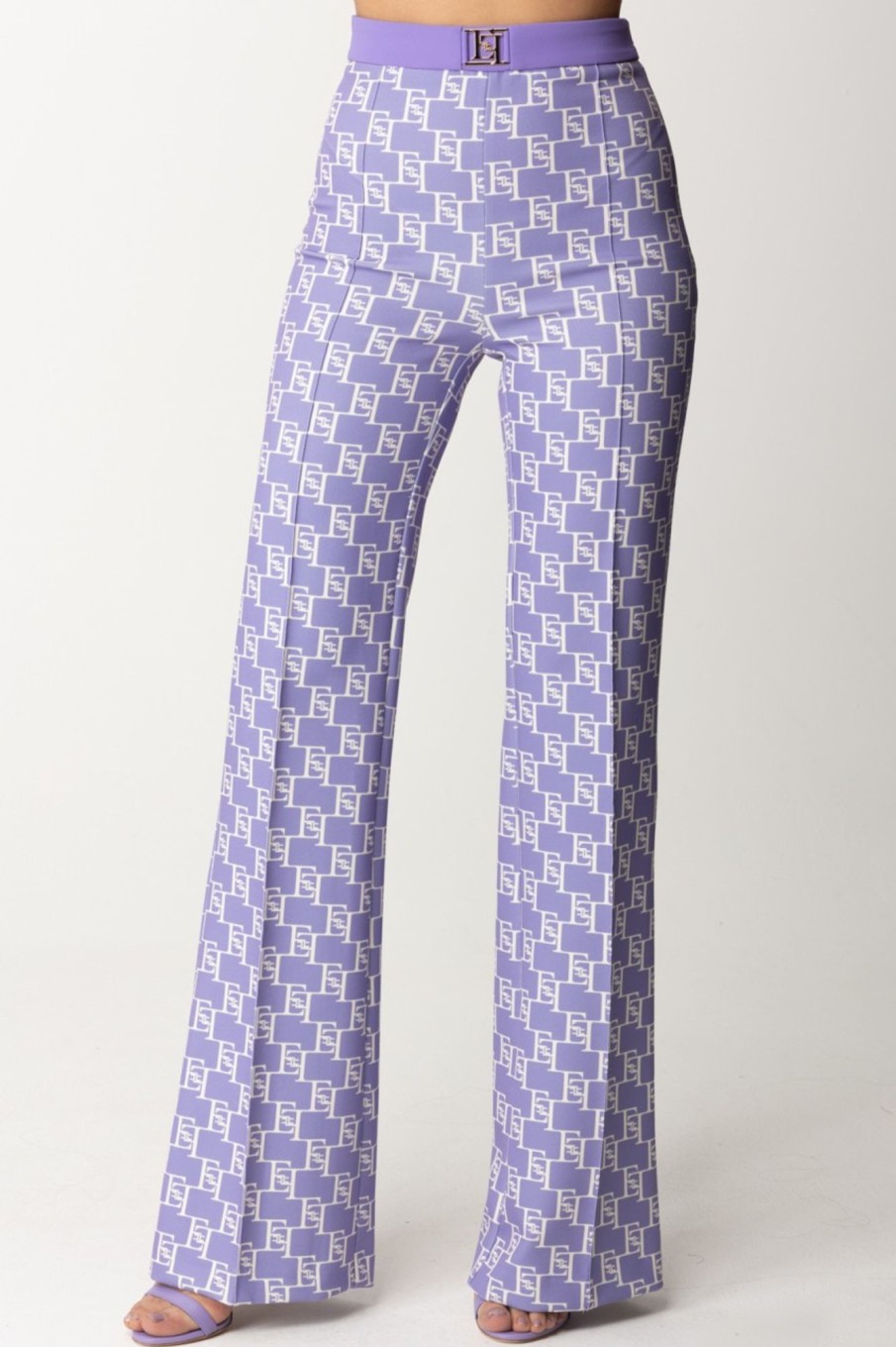 Elisabetta Franchi Pantaloni Palazzo Con Stampa Logo Iris/Burro Wholesale