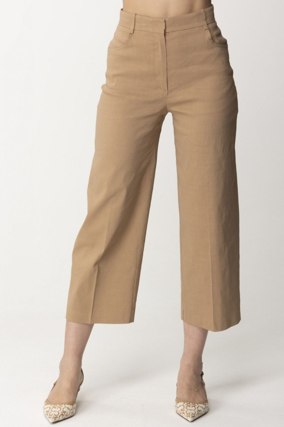 Pinko Pantaloni Crop In Lino Stretch Beige Bruno Fulvo Online