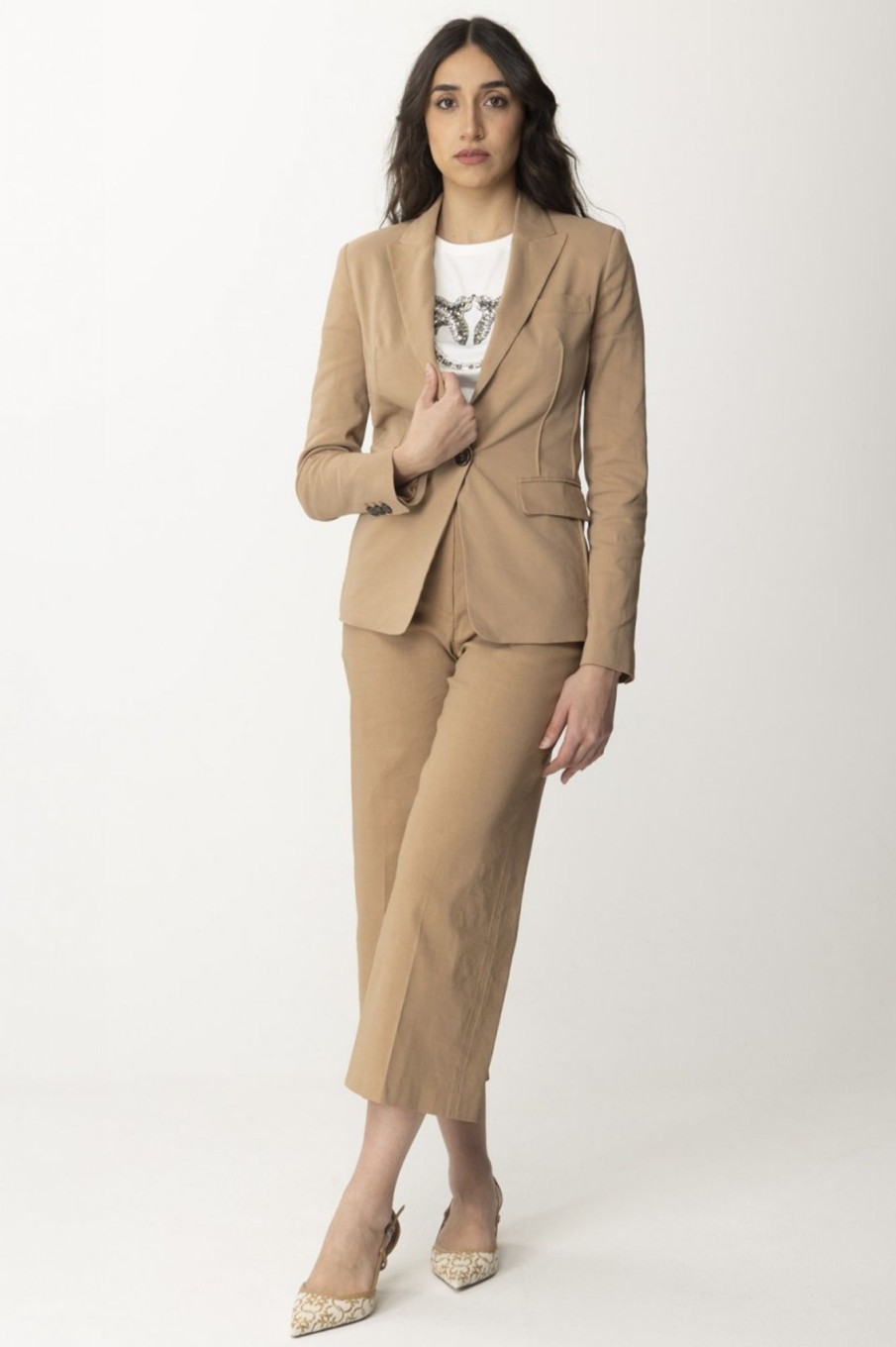 Pinko Pantaloni Crop In Lino Stretch Beige Bruno Fulvo Online