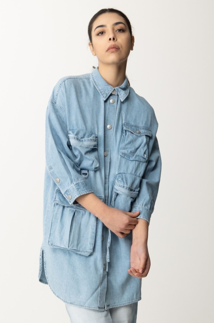 Replay Maxi Camicia In Denim Con Tasconi Light Blue Clearance