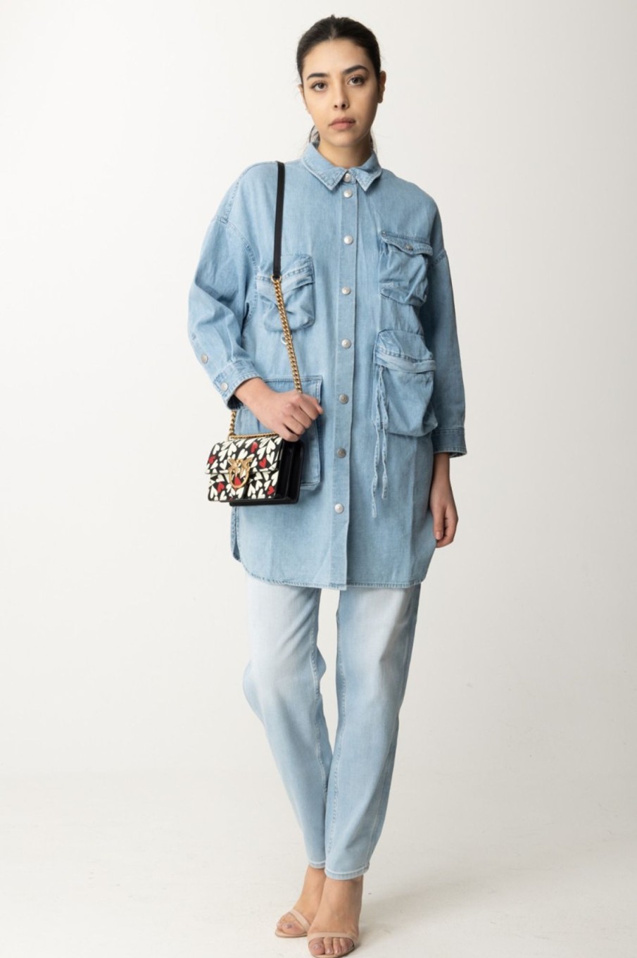 Replay Maxi Camicia In Denim Con Tasconi Light Blue Clearance