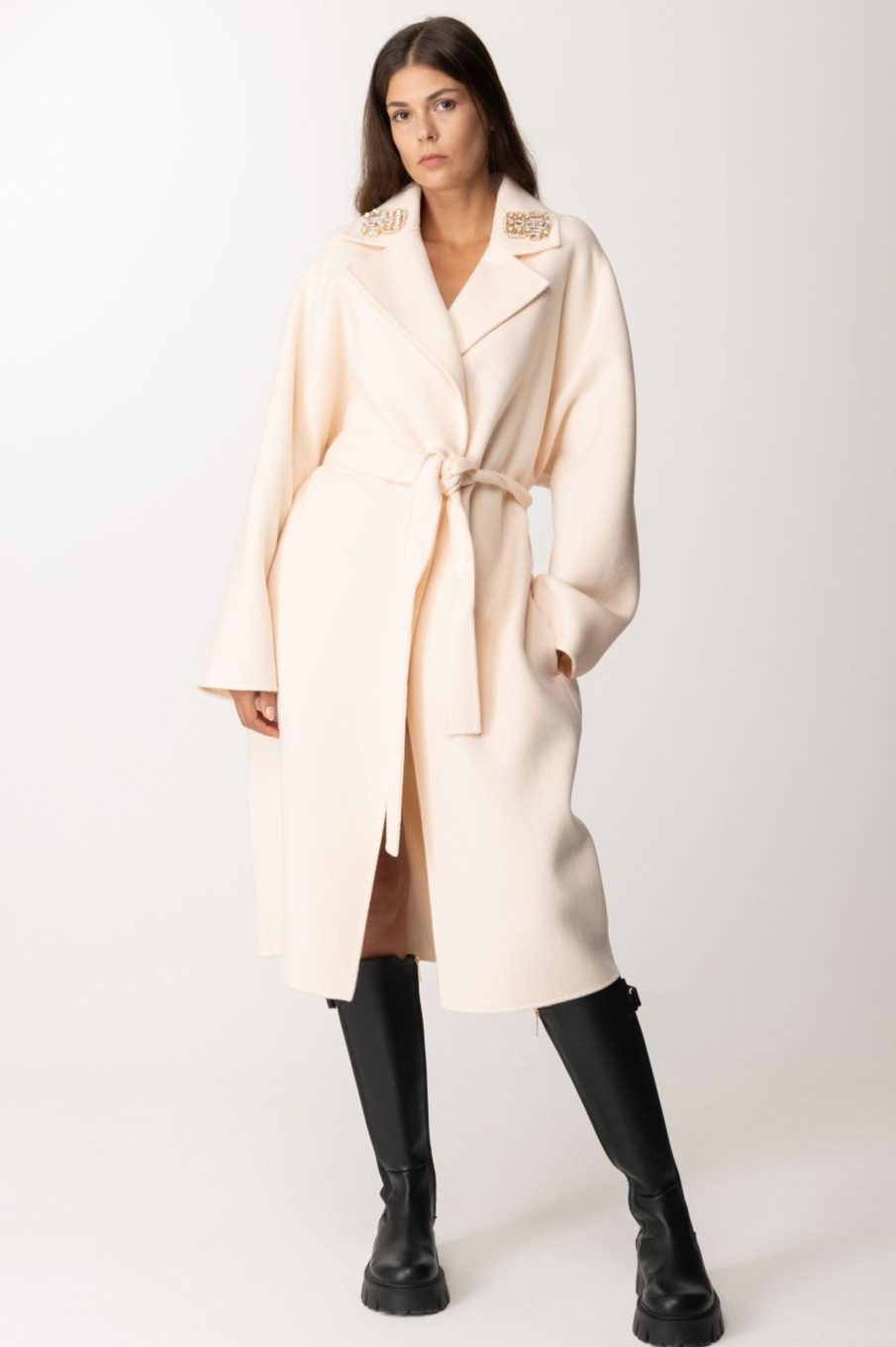 Elisabetta Franchi Cappotto In Lana Con Spille Sul Revers Burro Clearance