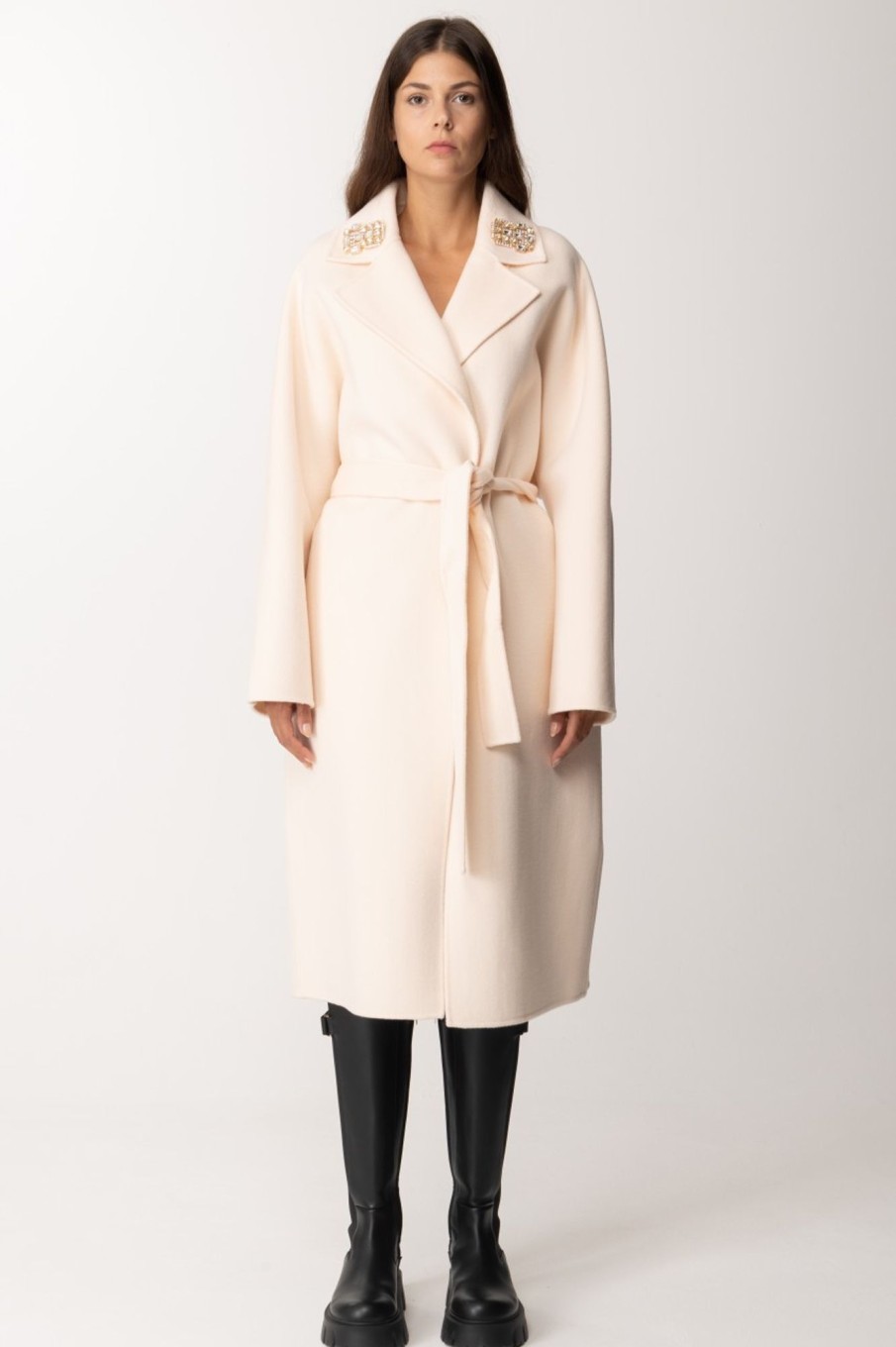 Elisabetta Franchi Cappotto In Lana Con Spille Sul Revers Burro Clearance