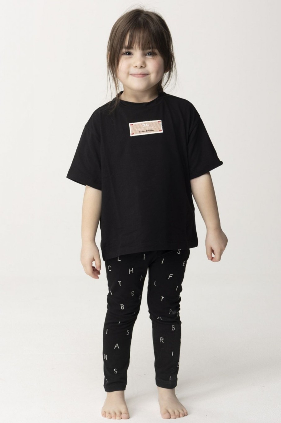 ELISABETTA FRANCHI BAMBINA T-Shirt Con Etichetta Logo Black Pink Label Clearance