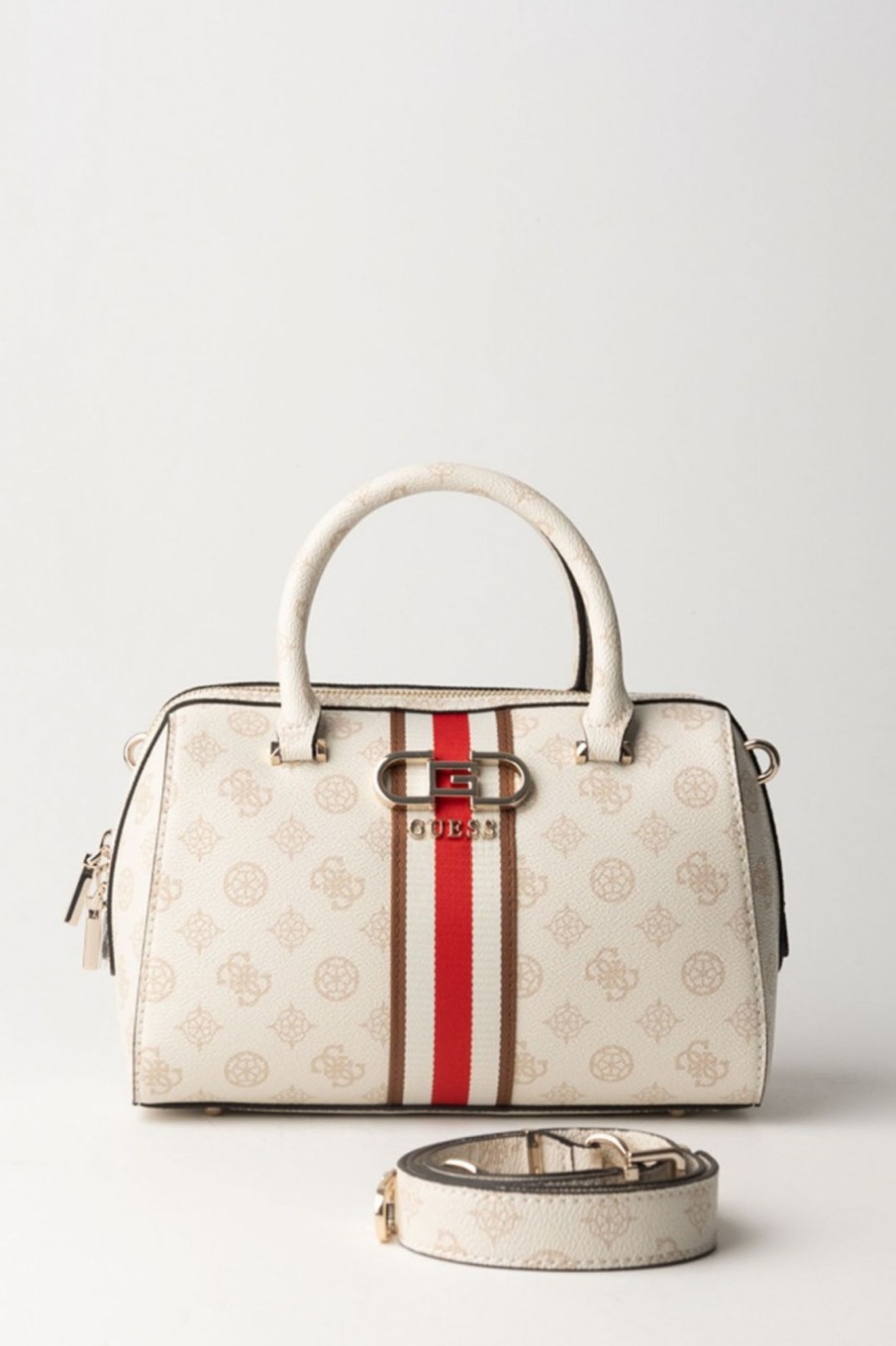 Guess Borsa Bauletto Con Pattern E Banda Colorata Cream Logo Online