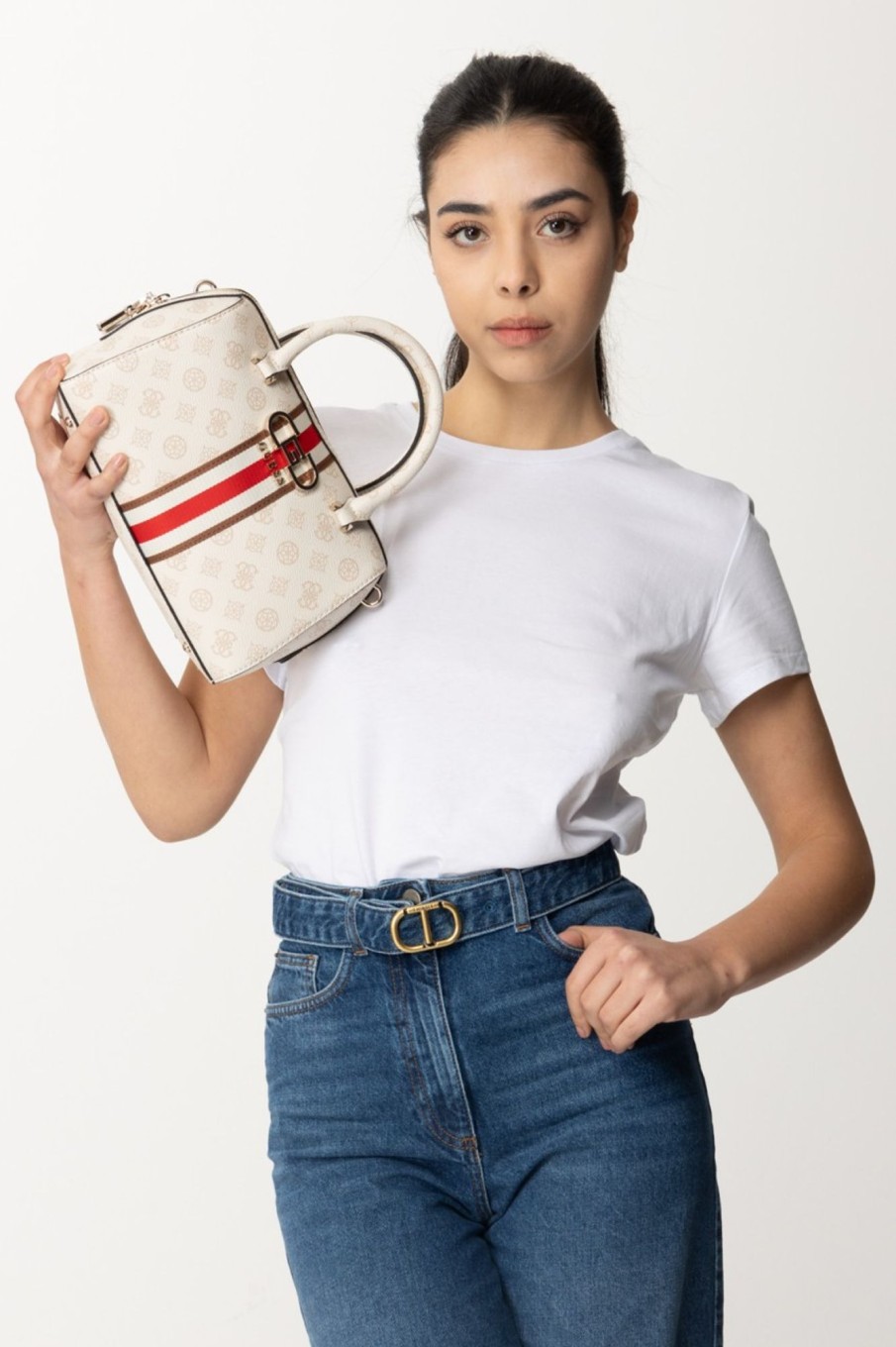 Guess Borsa Bauletto Con Pattern E Banda Colorata Cream Logo Online