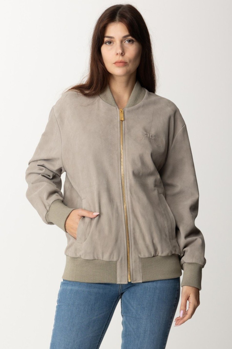 Elisabetta Franchi Giacca Bomber In Pelle Scamosciata Perla Hot