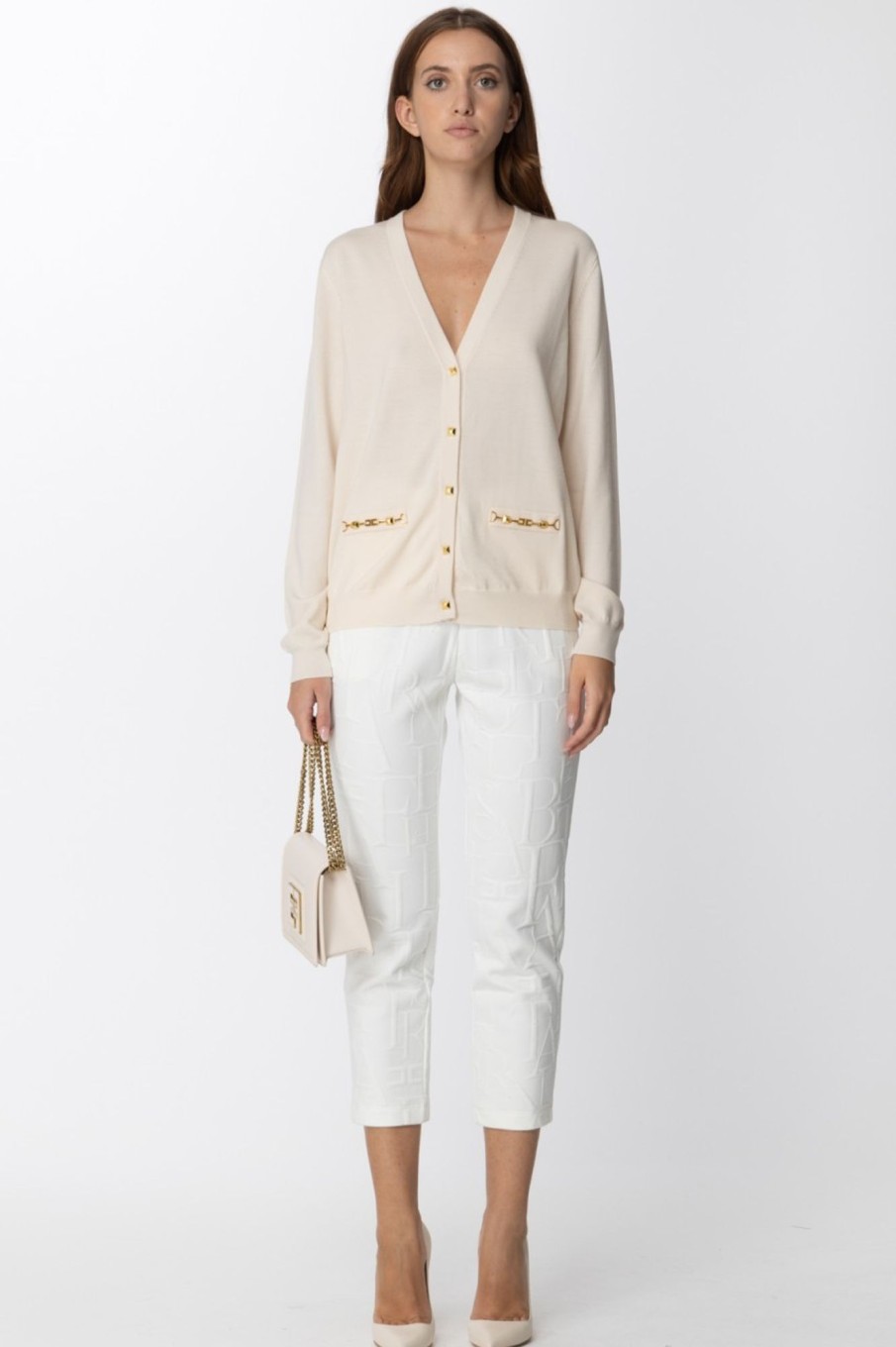 Elisabetta Franchi Cardigan Scollo A V Con Morsetti Burro Online