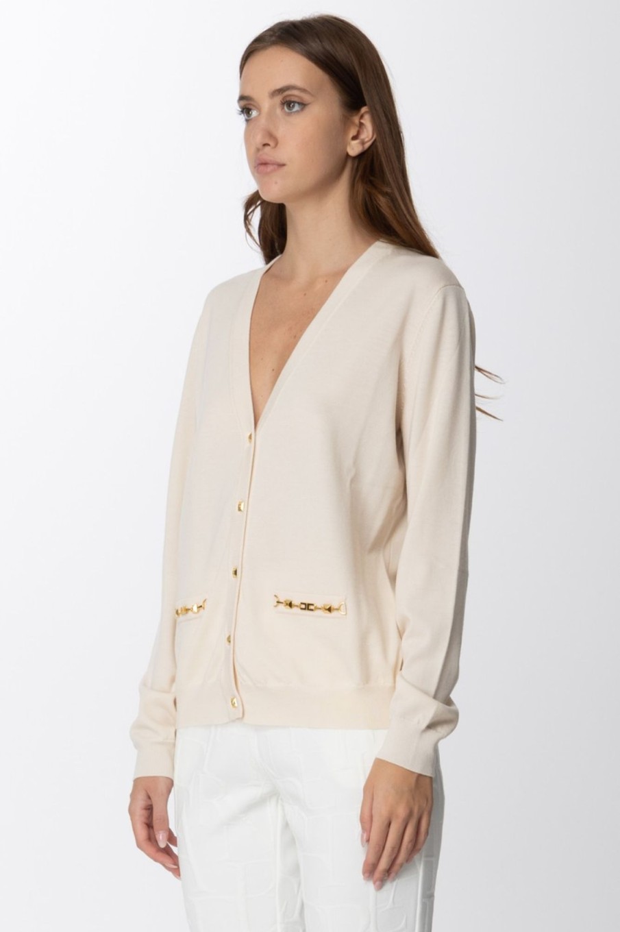 Elisabetta Franchi Cardigan Scollo A V Con Morsetti Burro Online