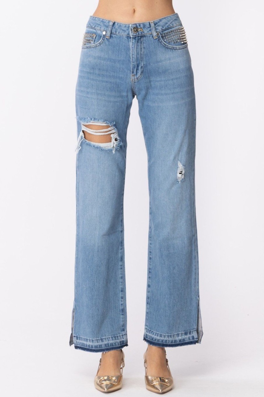 Gaelle Paris Jeans Boy A Vita Bassa Con Borchie Blu Chiaro Hot