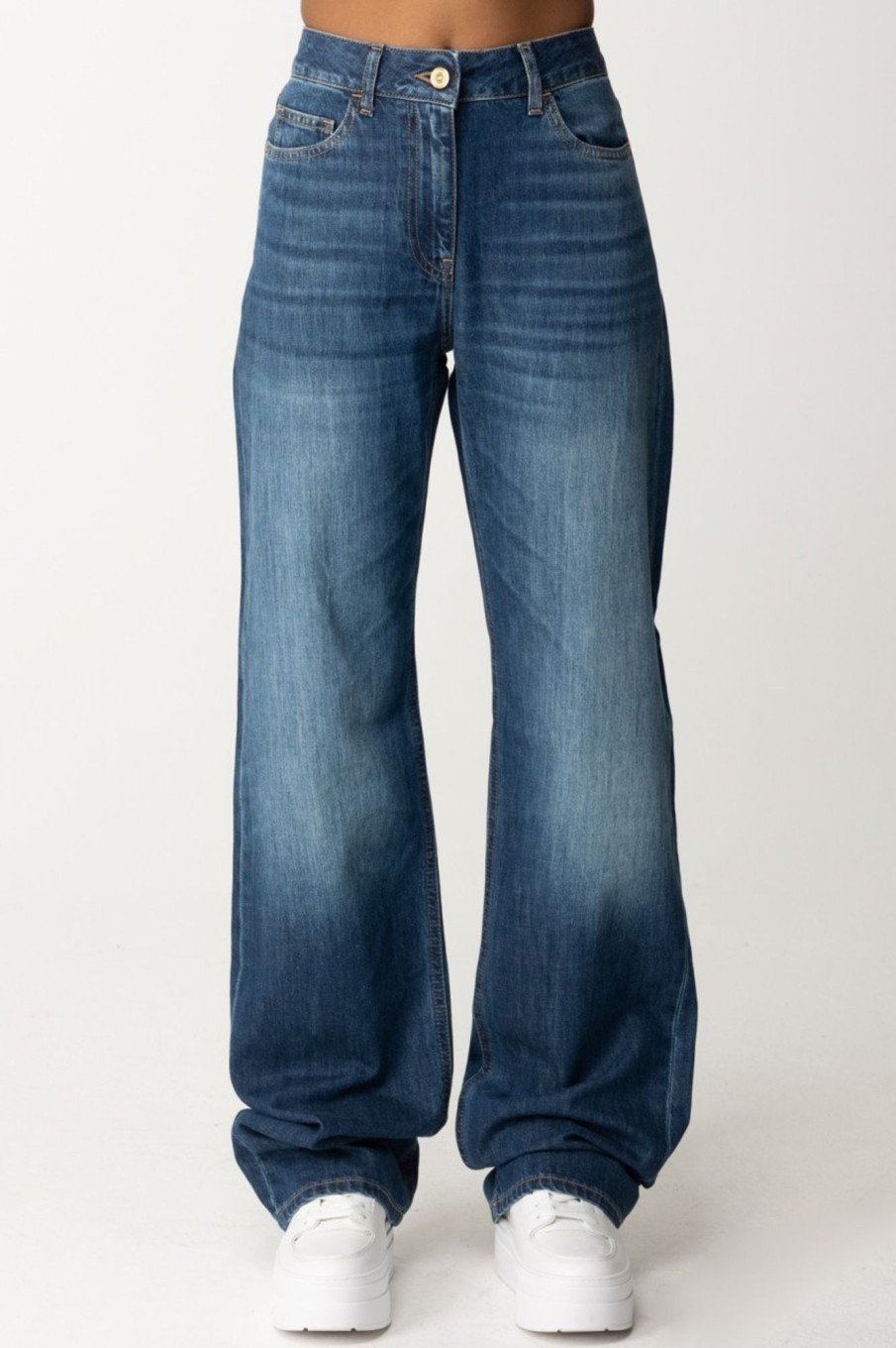 Elisabetta Franchi Jeans Wide Leg A Vita Bassa Blue Denim Clearance