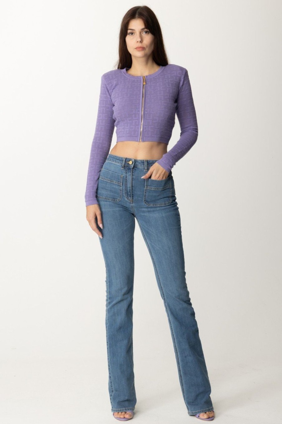 Elisabetta Franchi Cardigan Crop Con Logo All-Over Iris Online