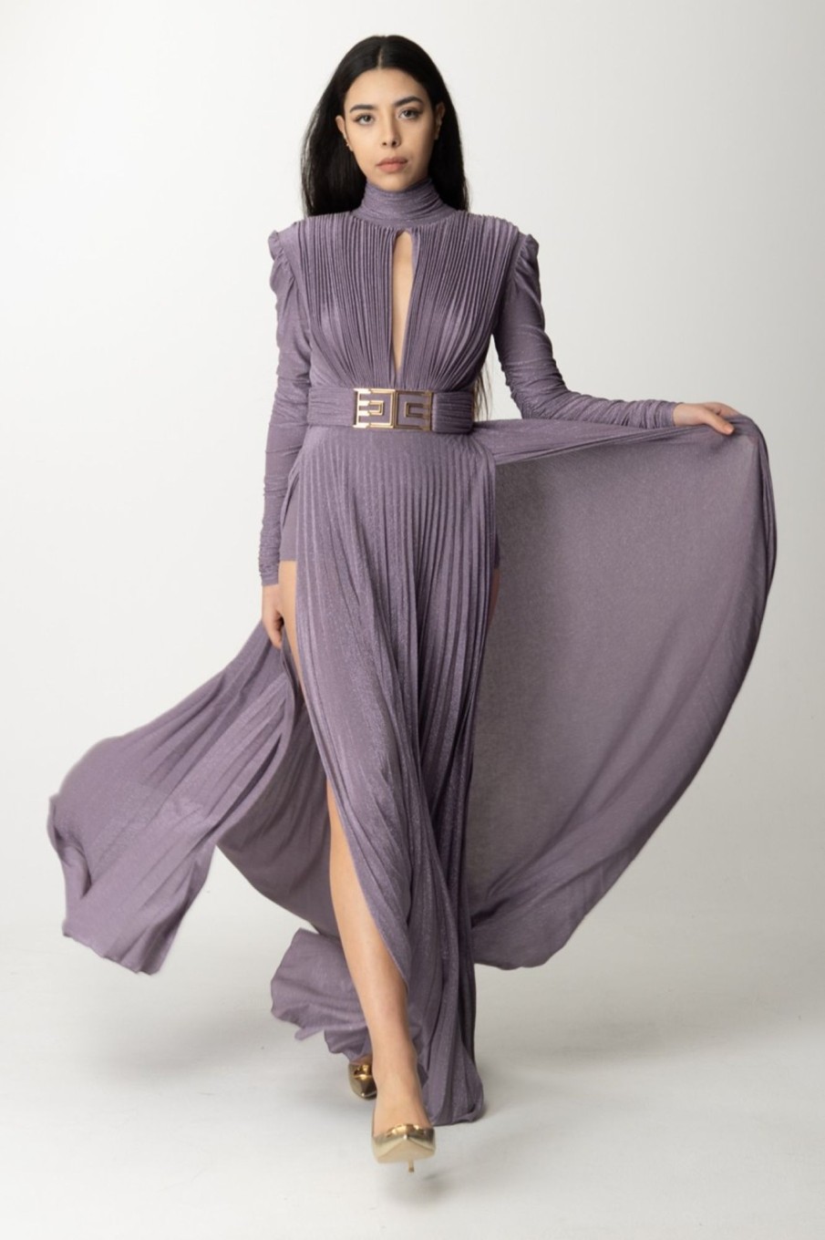 Elisabetta Franchi Abito Red Carpet In Jersey Lurex Pliss00E9 Candy Violet Online