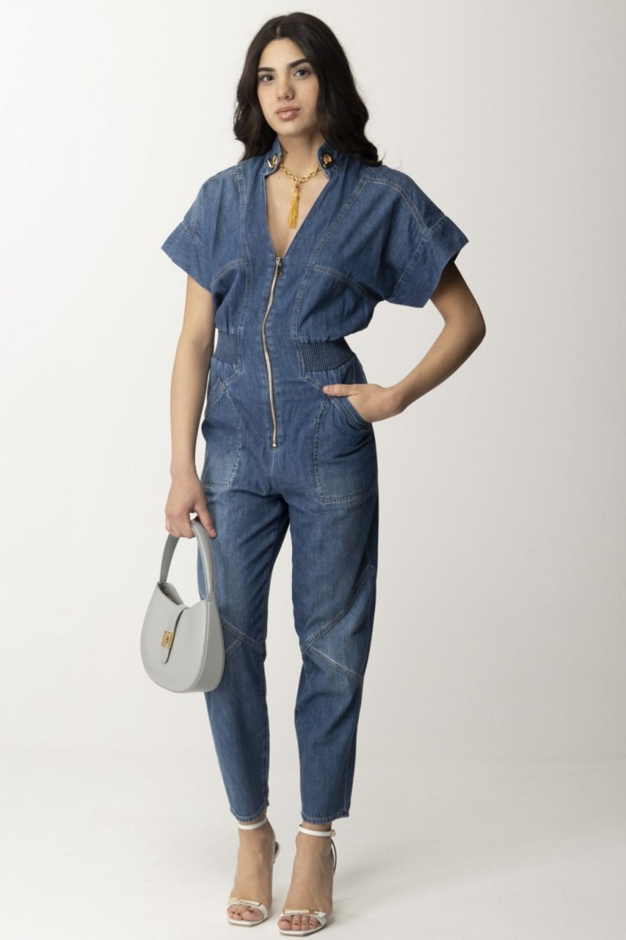 Elisabetta Franchi Tuta In Denim Con Collana Blue Denim Clearance