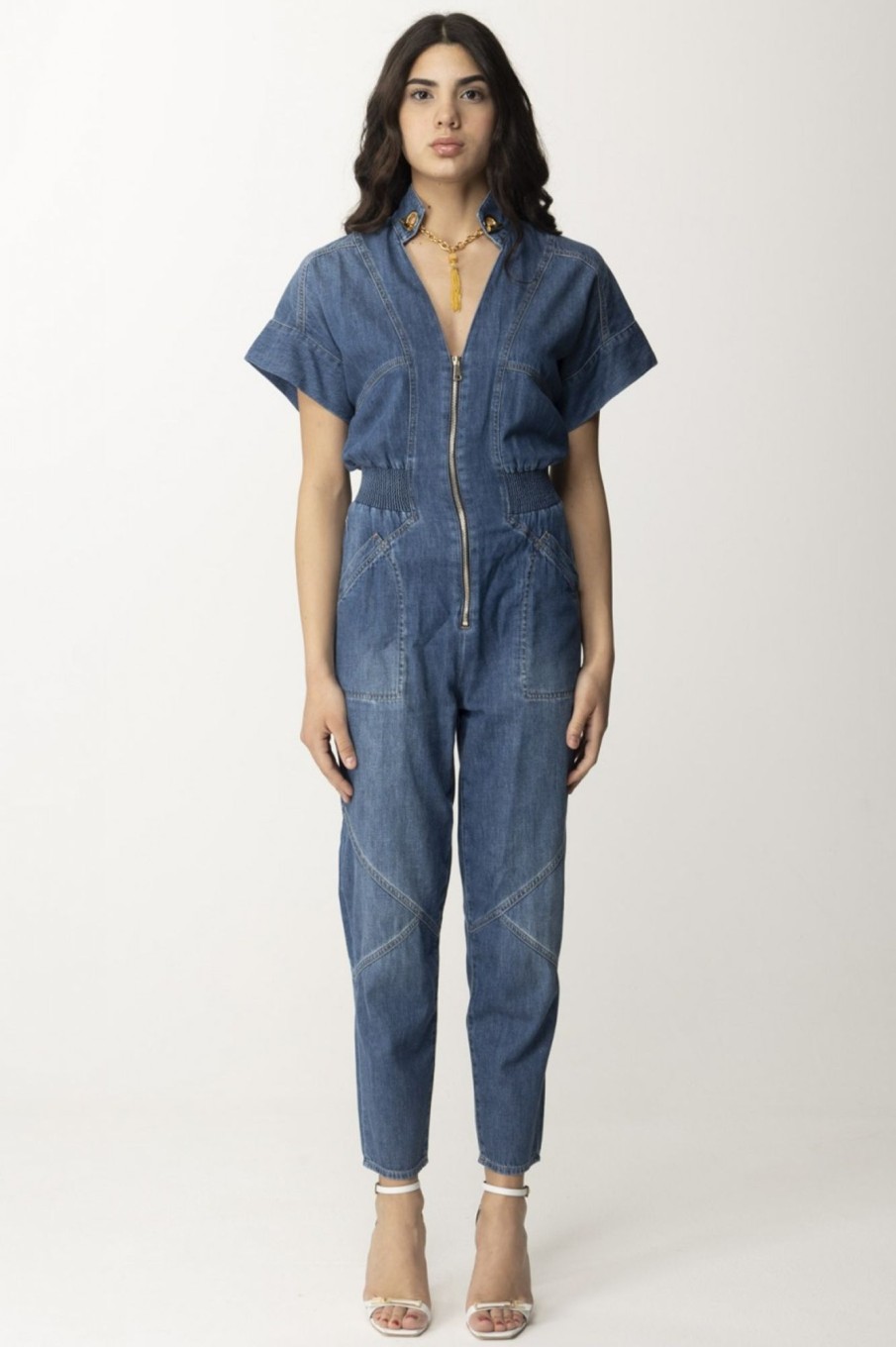 Elisabetta Franchi Tuta In Denim Con Collana Blue Denim Clearance