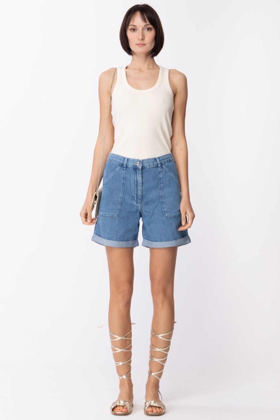 Patrizia Pepe Shorts In Denim Con Tasche Bleached Tencel Wash Clearance