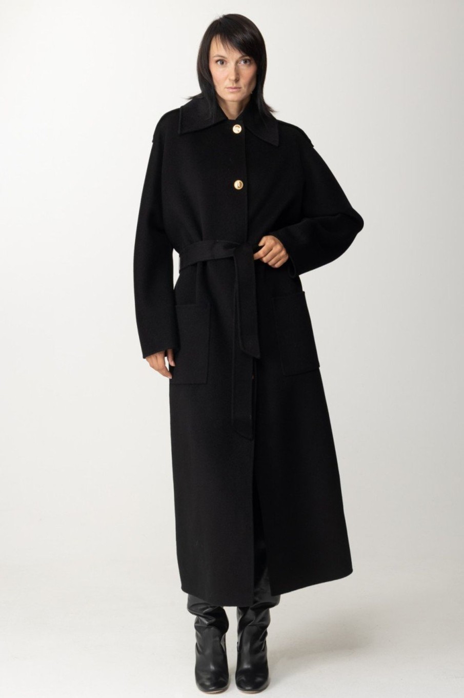 Elisabetta Franchi Cappotto In Lana Con Collo A Camicia Nero Clearance