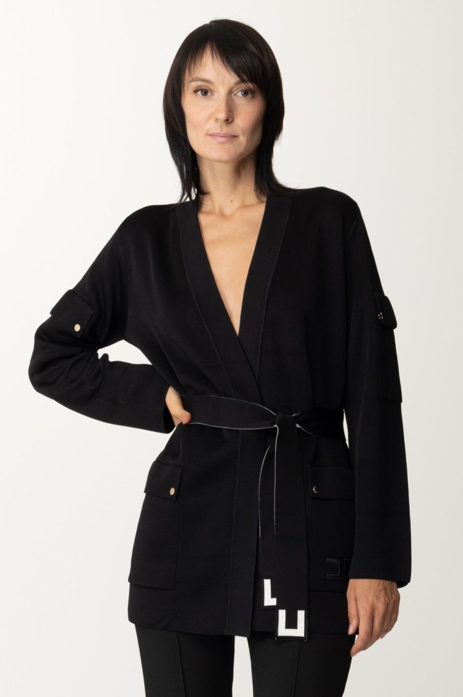 Elisabetta Franchi Cardigan Con Tasconi E Cintura Nero/Burro Best