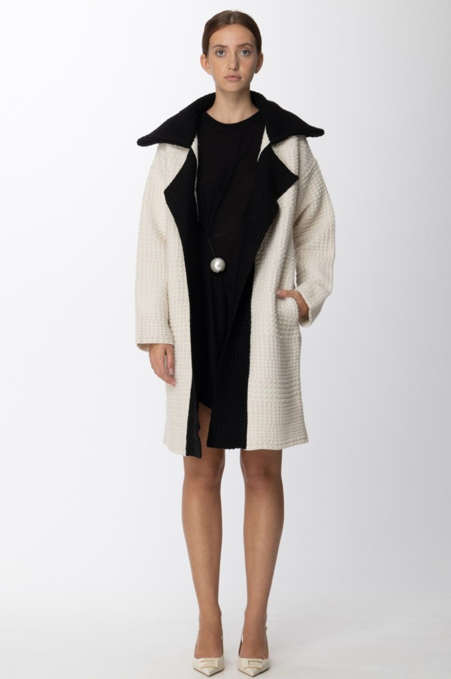 Simona Corsellini Cappotto In Panno Con Rever A Contrasto White/Nero Hot