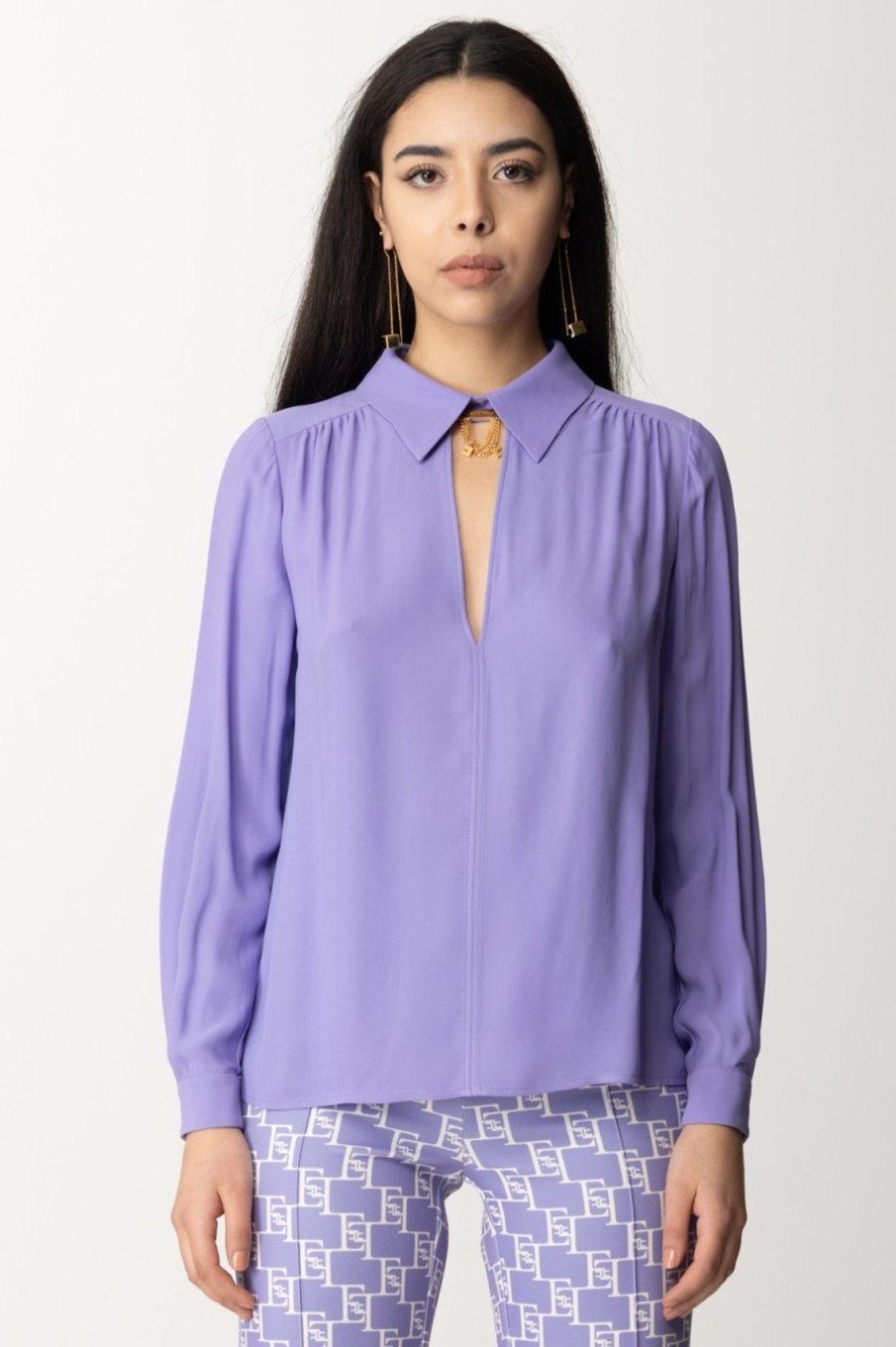 Elisabetta Franchi Camicia Con Accessorio Al Collo E Scollo Sul Retro Iris New