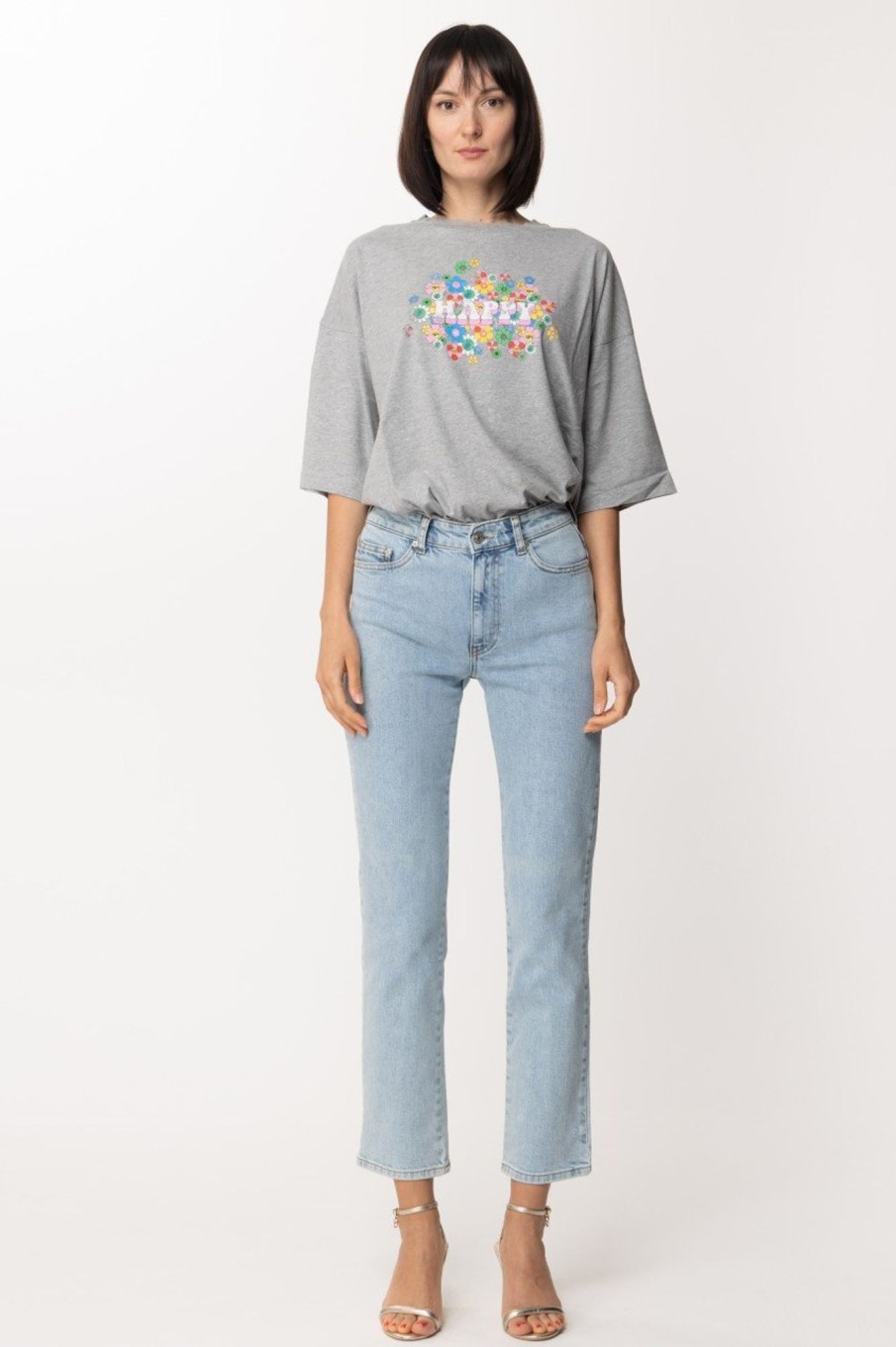 Chiara Ferragni T-Shrit Oversize Stampa Happy Grigio Melange Hot