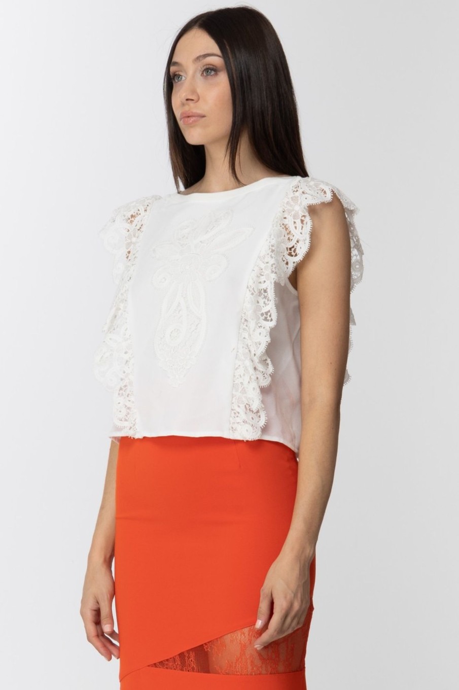 Manila Grace Blusa Smanicata Con Inserti In Pizzo Off White New