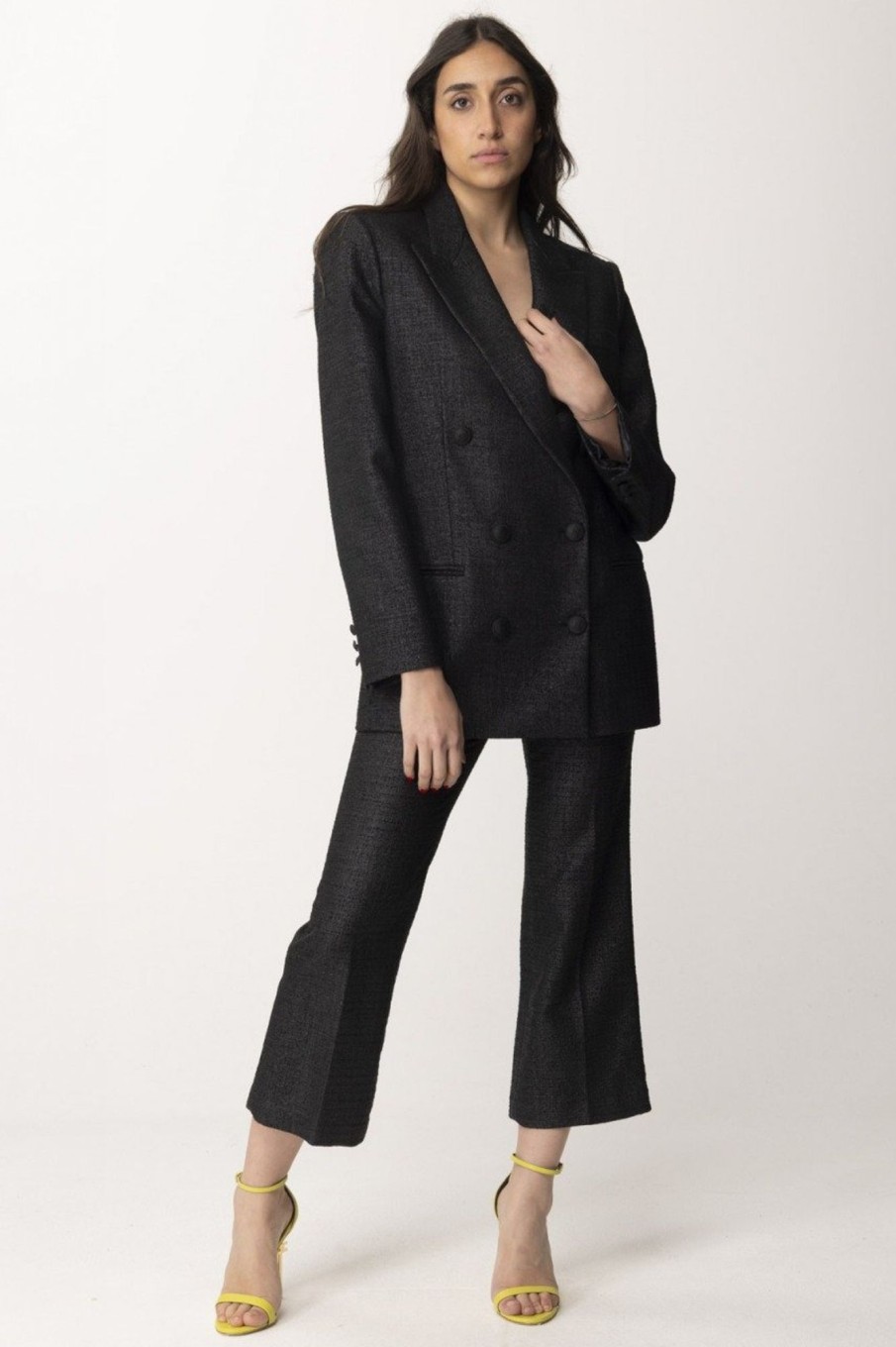 Elisabetta Franchi Pantalone Crop In Tweed Laminato Nero Online