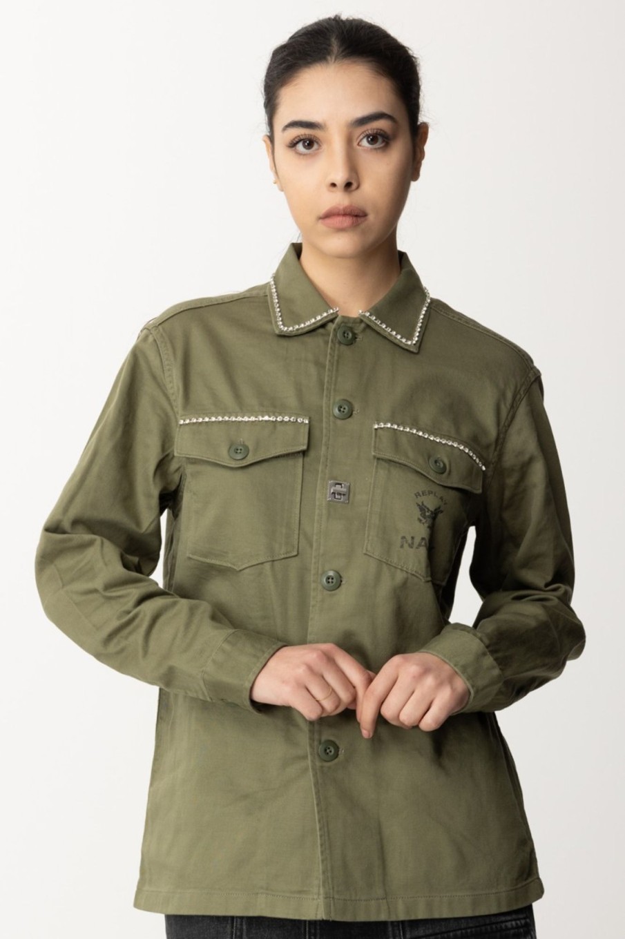 Replay Camicia Oversize Con Strass Light Military Best