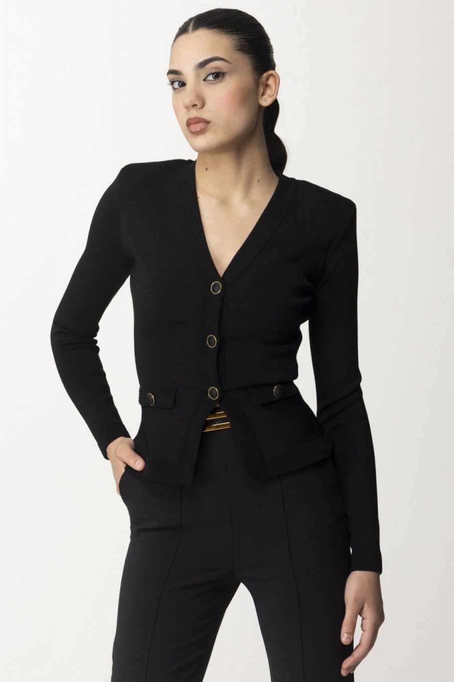 Elisabetta Franchi Cardigan Con Baschina E Finiture A Tubetti Nero Best