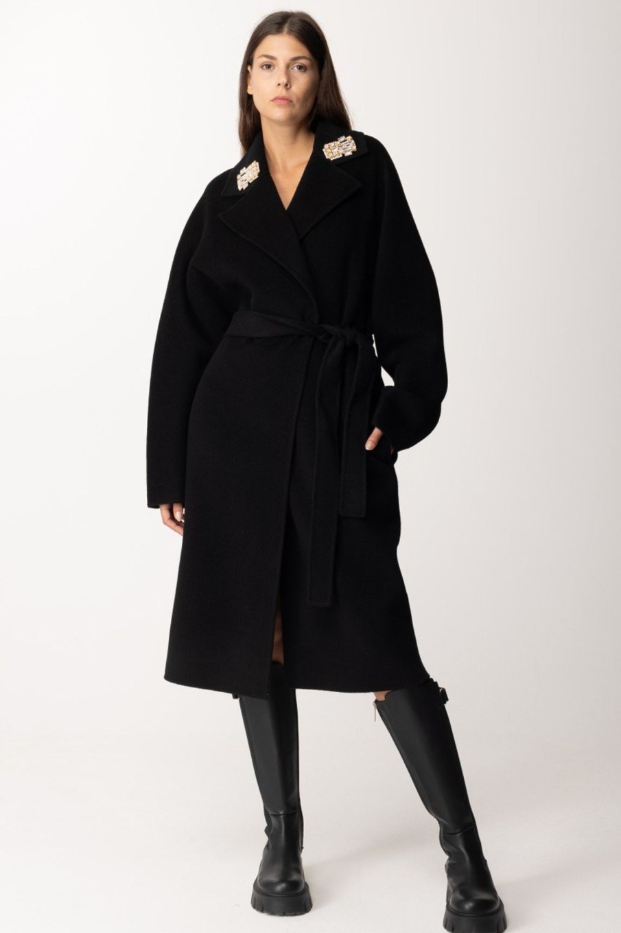 Elisabetta Franchi Cappotto In Lana Con Spille Sul Revers Nero Hot