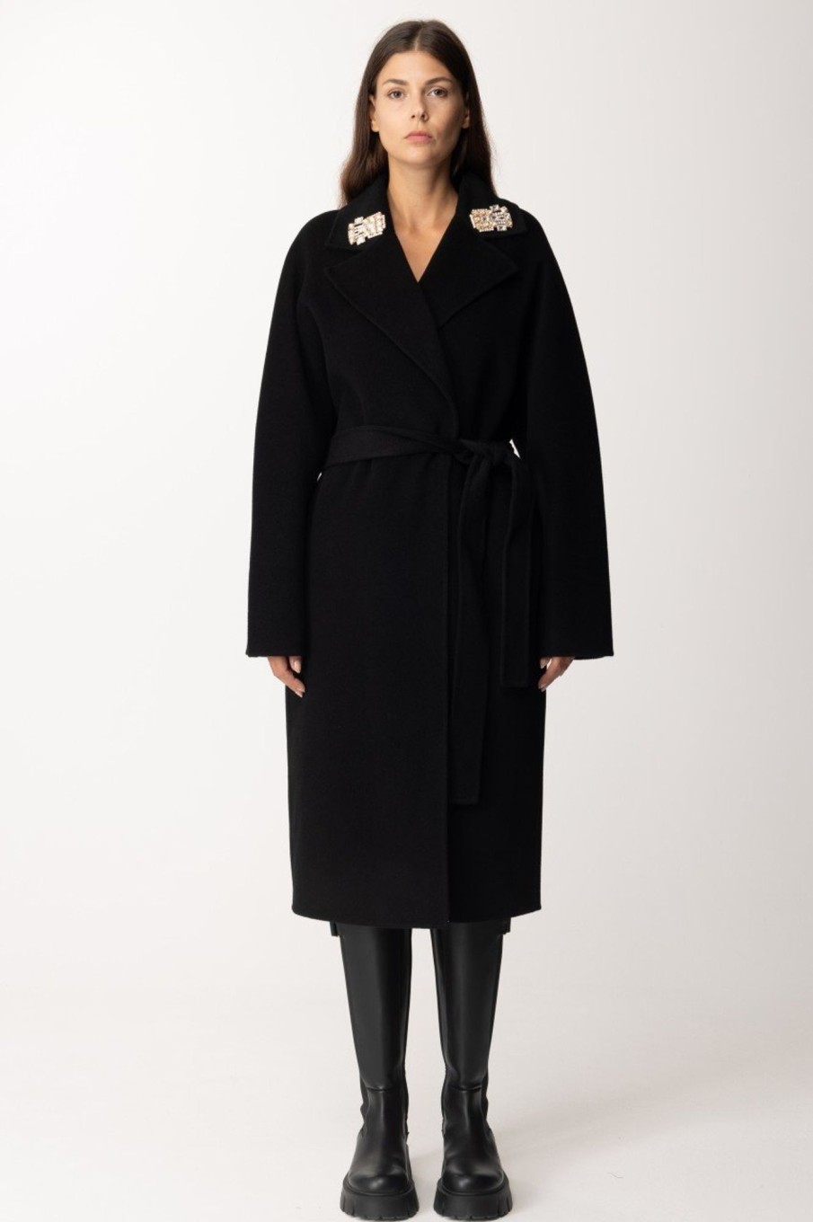 Elisabetta Franchi Cappotto In Lana Con Spille Sul Revers Nero Hot