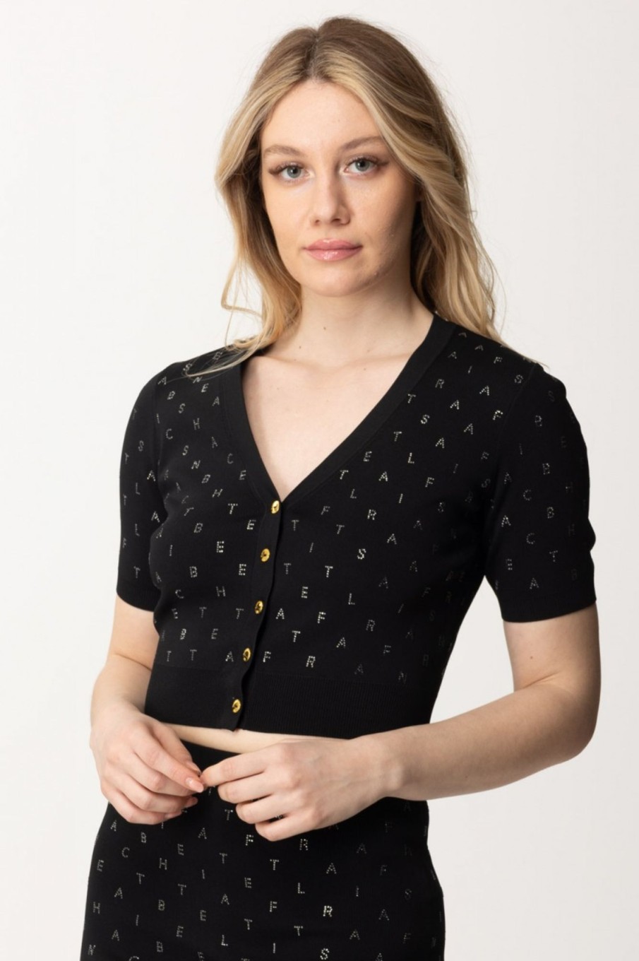 Elisabetta Franchi Cardigan Crop Con Strass Lettering Nero New