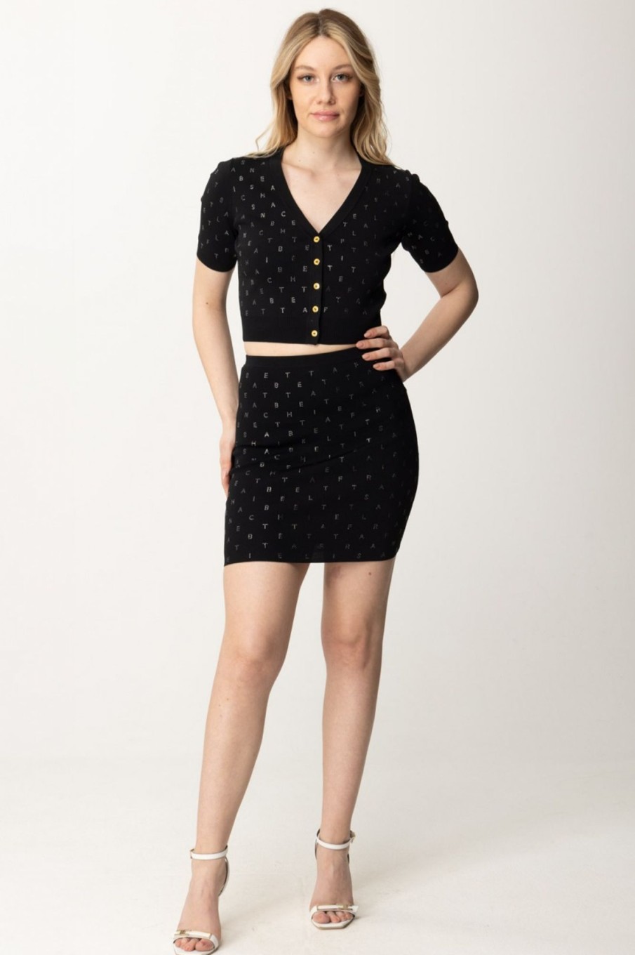 Elisabetta Franchi Cardigan Crop Con Strass Lettering Nero New