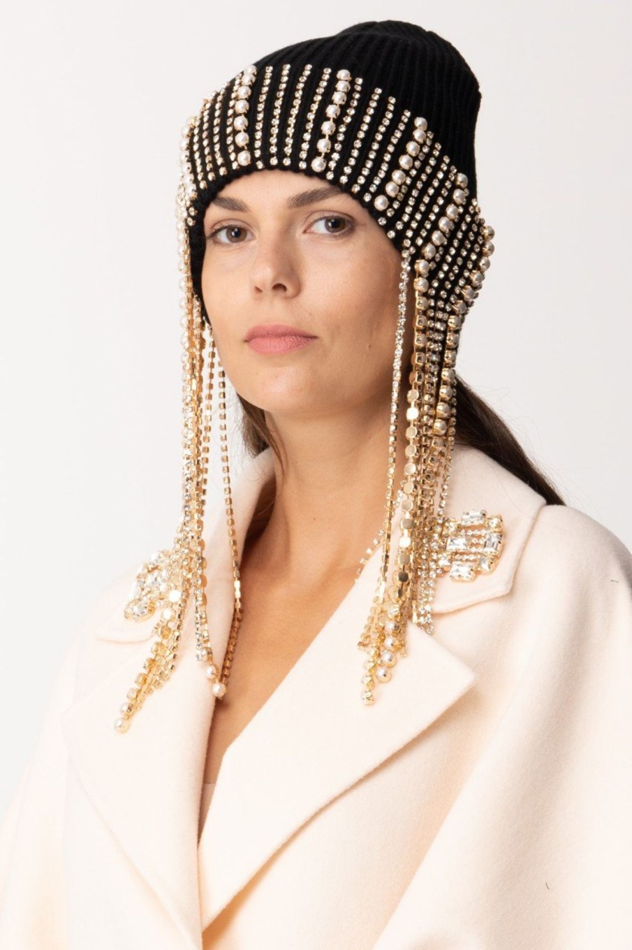 Elisabetta Franchi Cappello In Lana Con Catena Di Strass Nero Wholesale