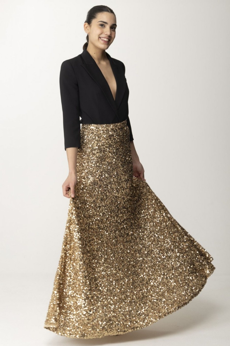 Elisabetta Franchi Gonna Lunga In Tulle Full Paillettes Oro Best