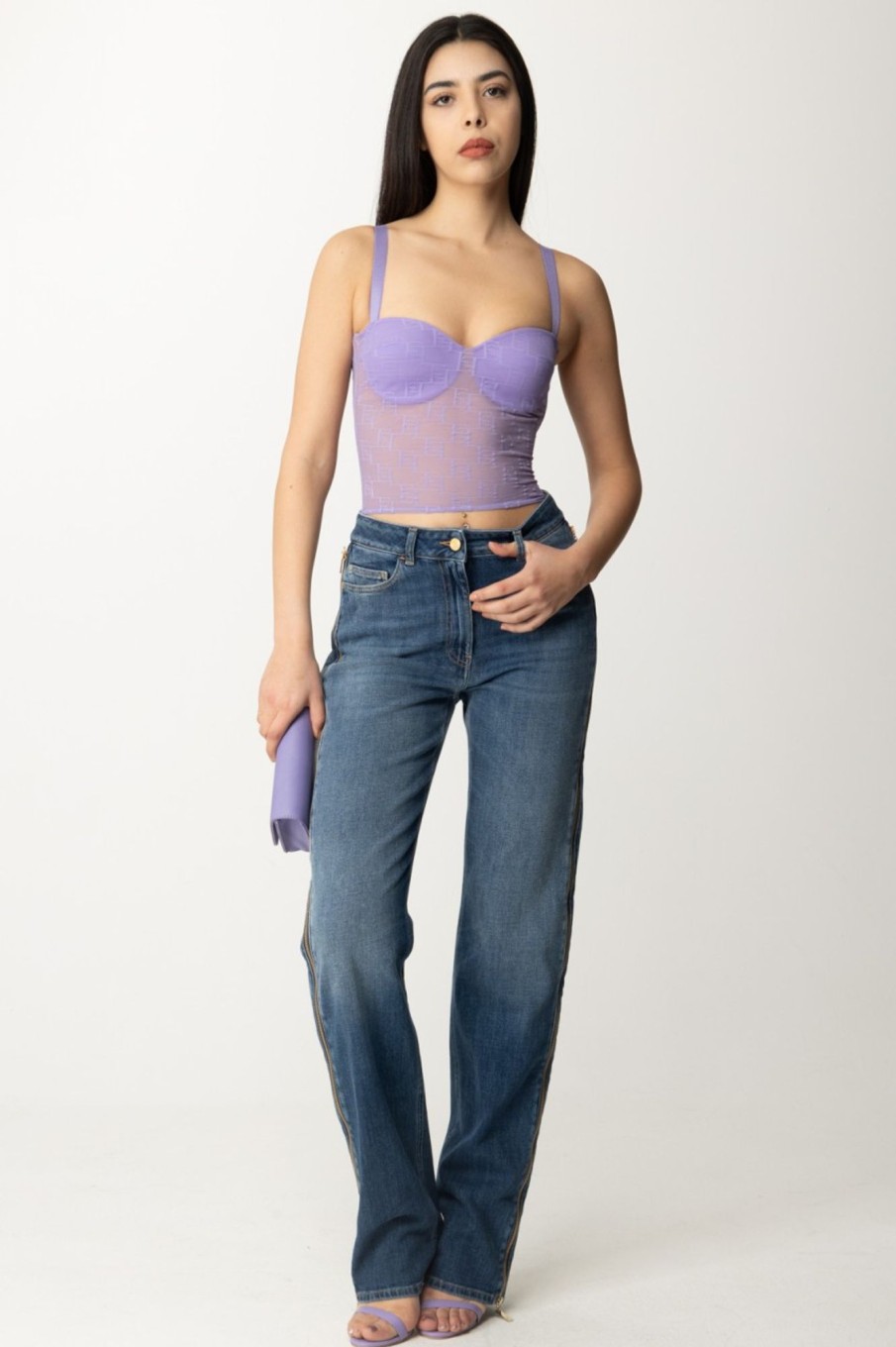 Elisabetta Franchi Top In Tulle Con Stampa Ef Iris Online