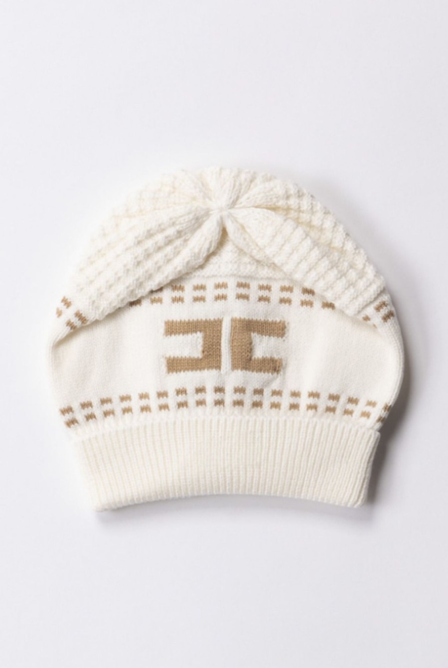 ELISABETTA FRANCHI BAMBINA Berretto Tricot Con Logo A Contrasto Ivory/Sand Online