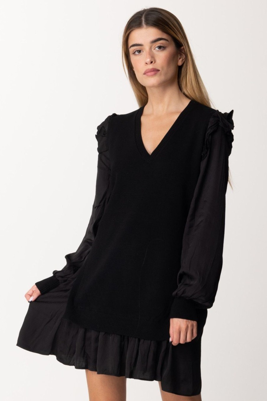 Twin-Set Abito In Maglia Con Balza E Maniche In Tessuto Nero Online