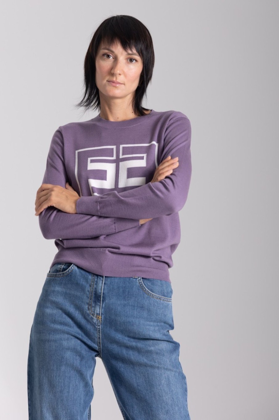 Elisabetta Franchi Pullover In Lana Con Logo Candy Violet/Burro Clearance