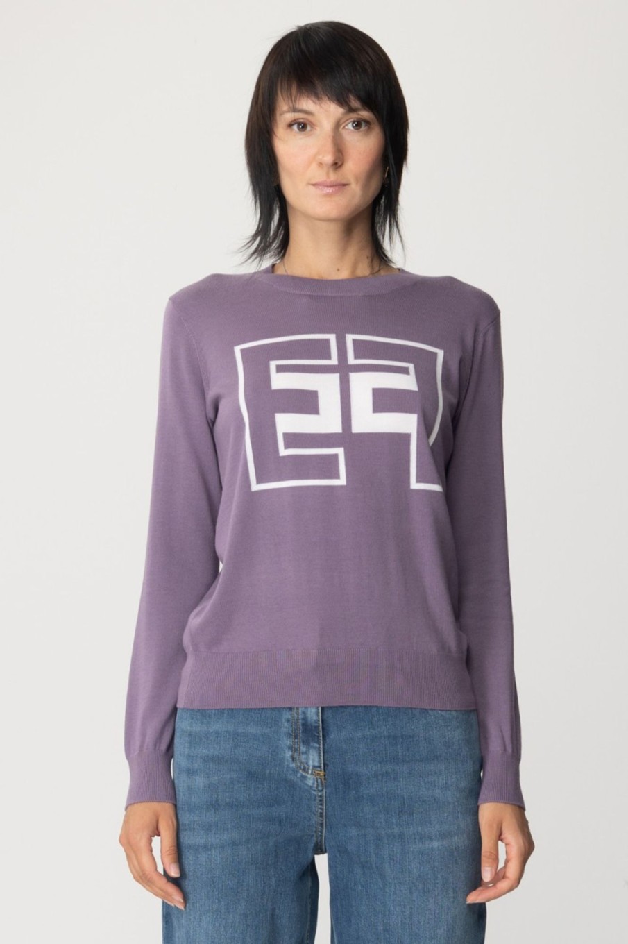 Elisabetta Franchi Pullover In Lana Con Logo Candy Violet/Burro Clearance