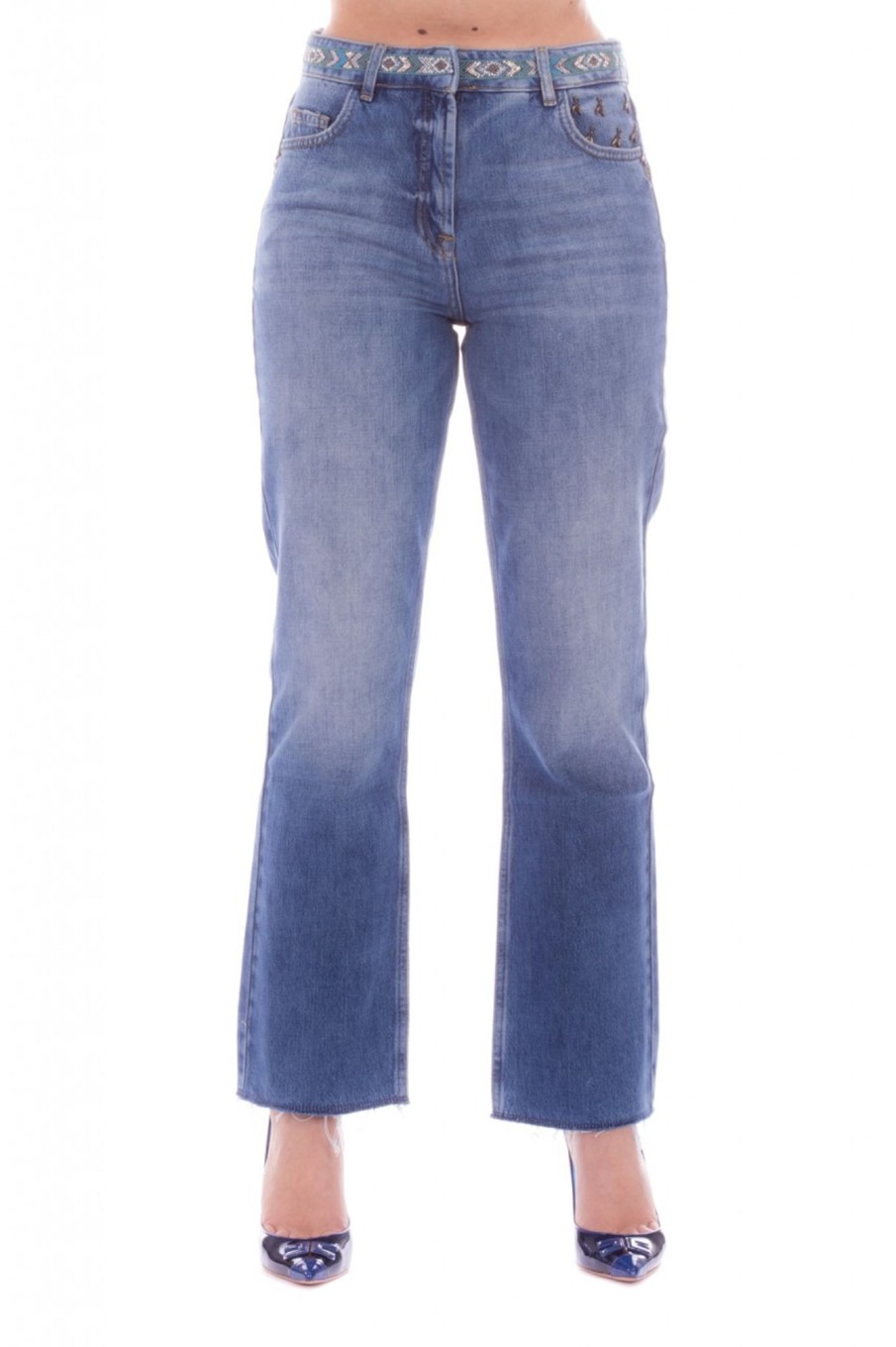 Patrizia Pepe Jeans Con Ricamo Di Perline Boho Indigo New