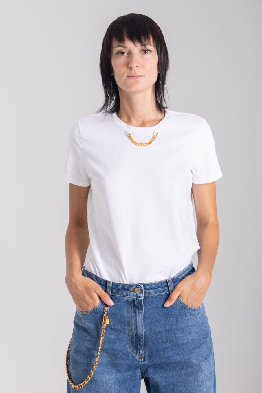 Elisabetta Franchi T-Shirt Con Catena Gesso New